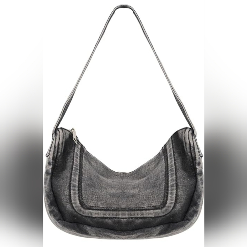 Casual Black Denim Shoulder Bag – Retro Washed Hobo Handbag